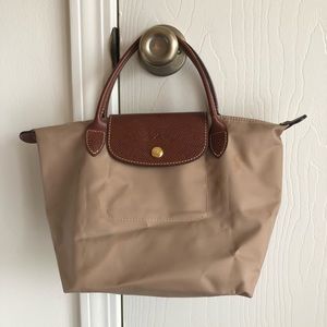 Longchamp Le Pliage tan top handle tote in small